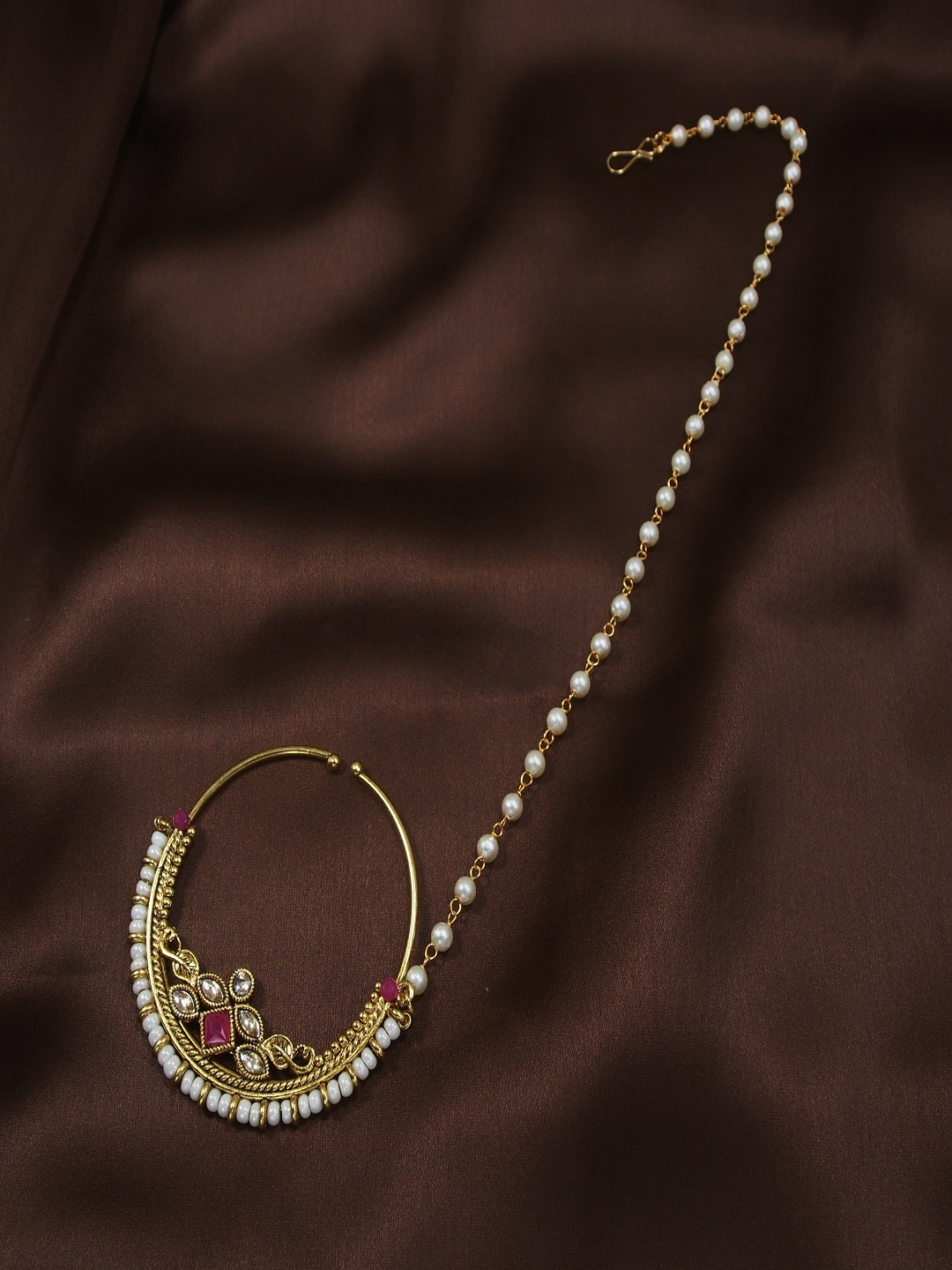 

I Jewels Antique Gold-Plated & Pink Studded & Beaded Chained Nose Ring