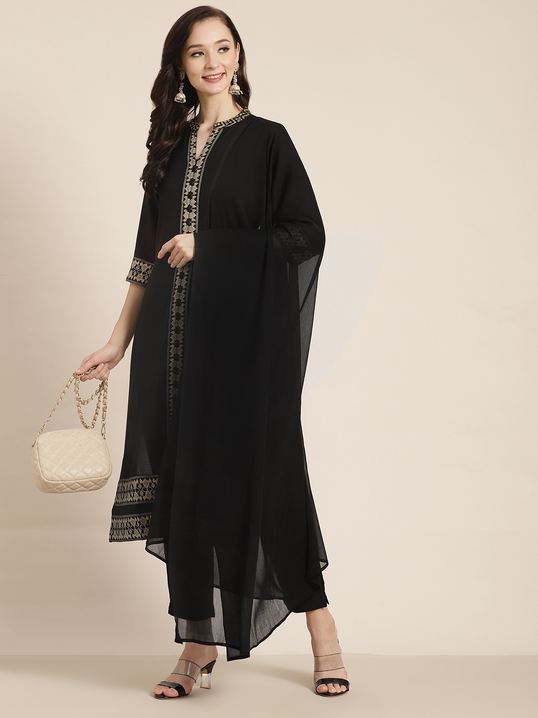 

Juniper Women Black Regular Kurta with Trousers & With Dupatta