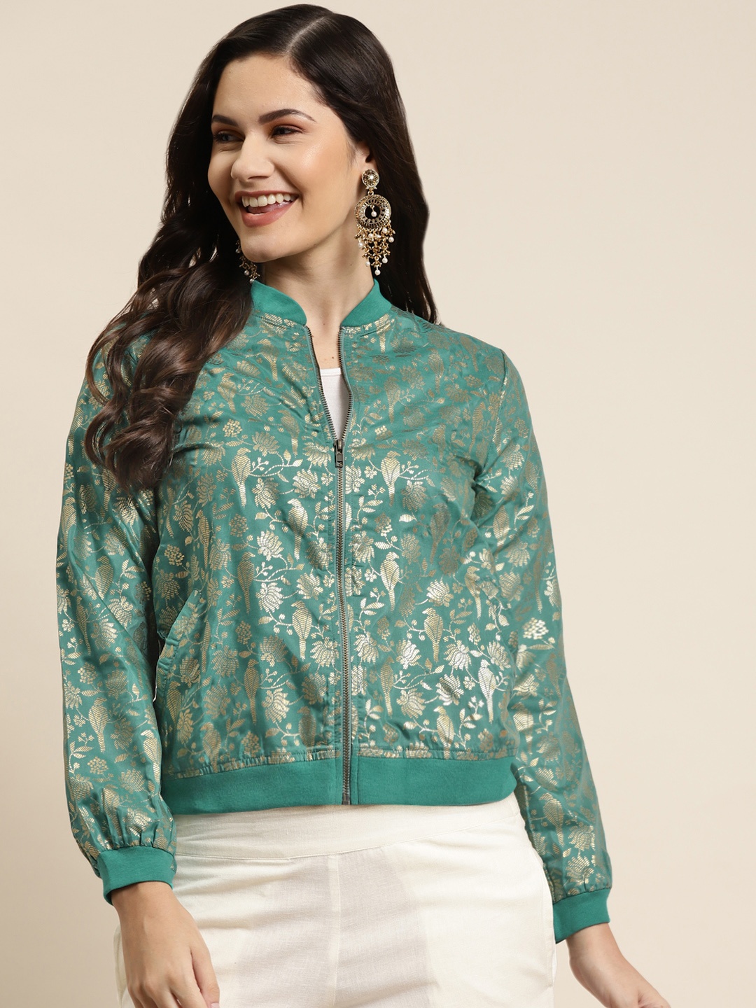 

Juniper Women Teal Green & Gold Floral Lightweight Bomber Jacket