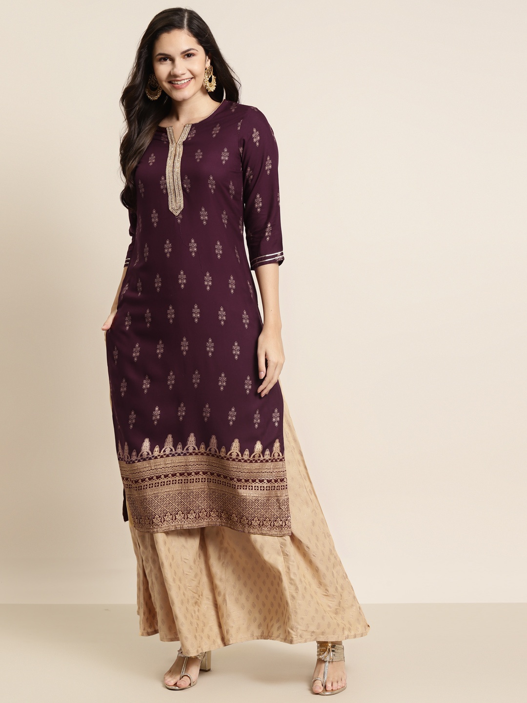

Juniper Women Burgundy & Gold Ethnic Motifs Printed Indie Prints Liva Kurta