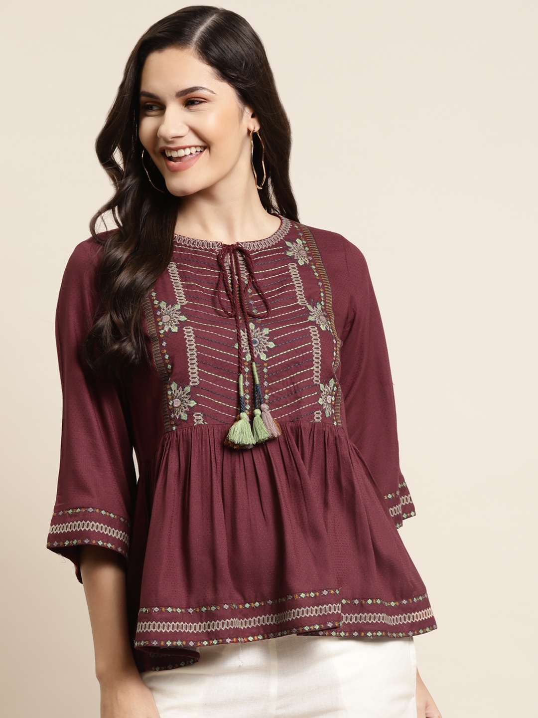 

Juniper Burgundy Liva Embroidered Bohemian Tunic
