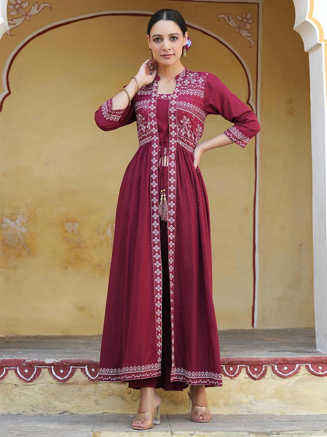 

Juniper Women Maroon Ethnic Motifs Printed Layered Liva Jacket Style Kurta with Trousers