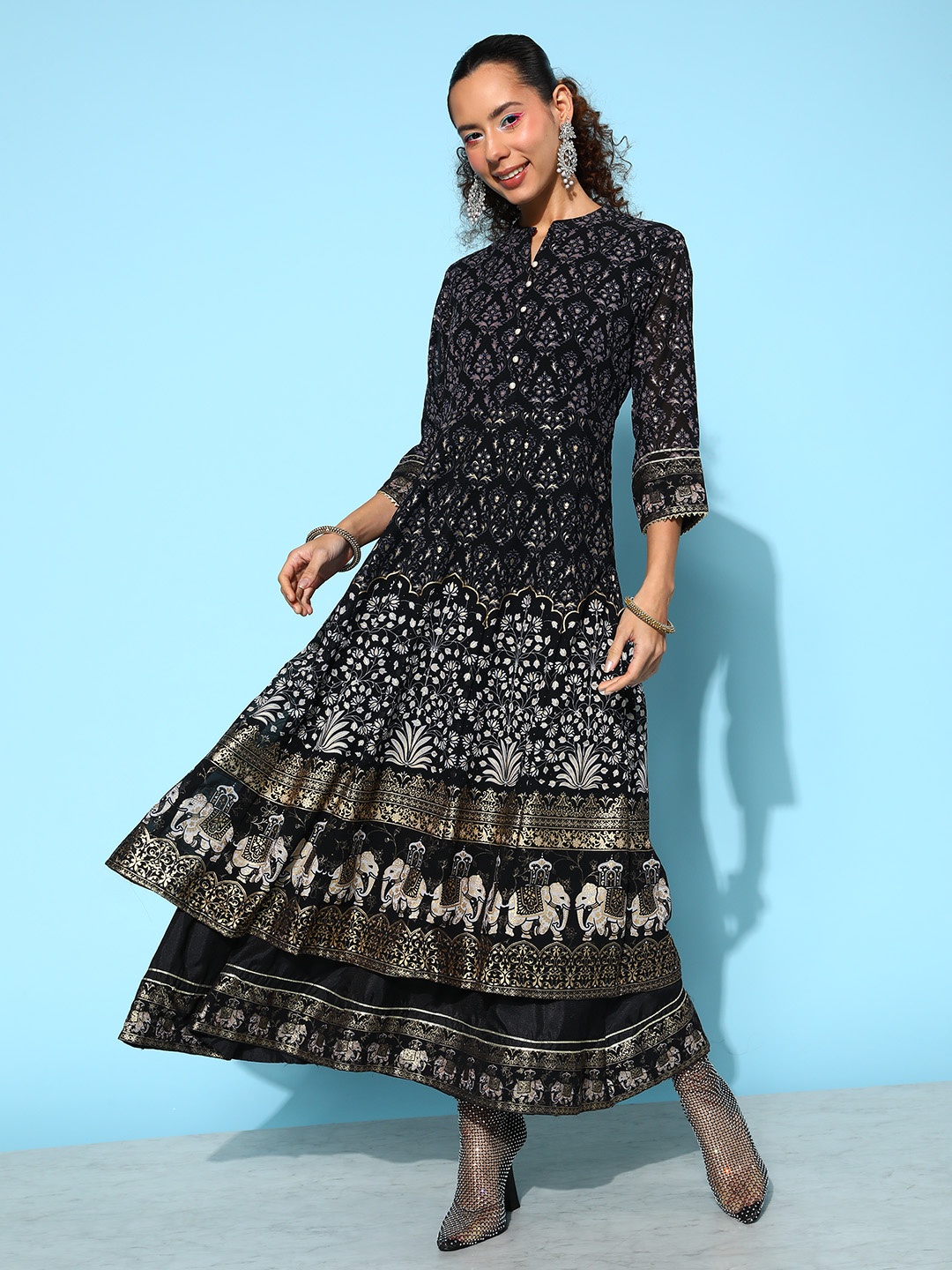 

Juniper Black & Gold-Toned Floral Layered Georgette Ethnic A-Line Maxi Dress