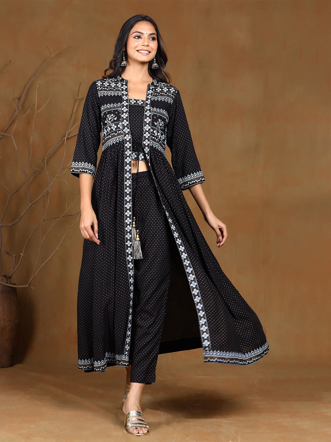 

Juniper Women Black Ethnic Motifs Printed Layered Liva Jacket Style Kurta with Trousers