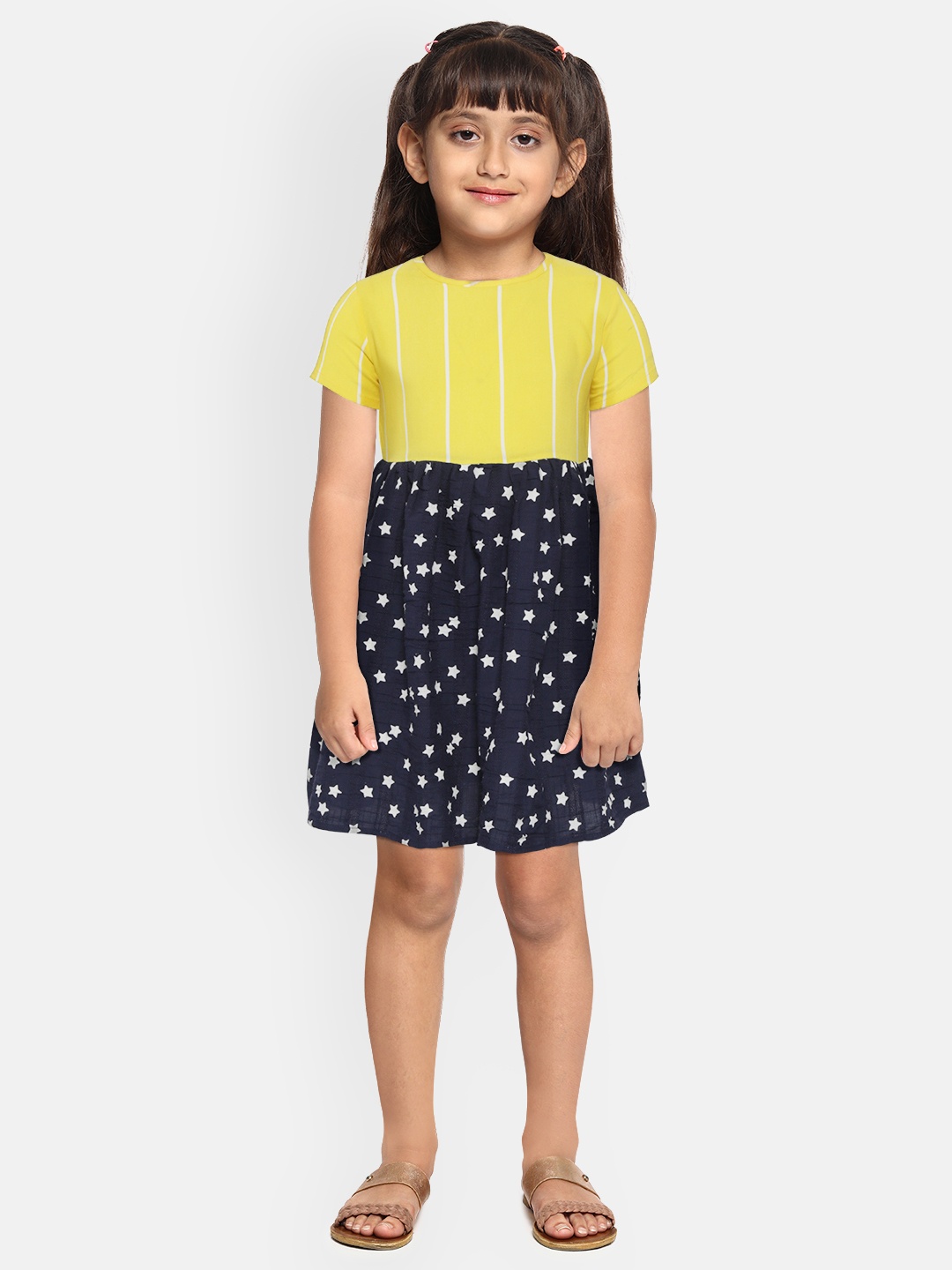 

YK Girls Yellow & Navy Blue Star Printed & Striped Fit & Flare Dress