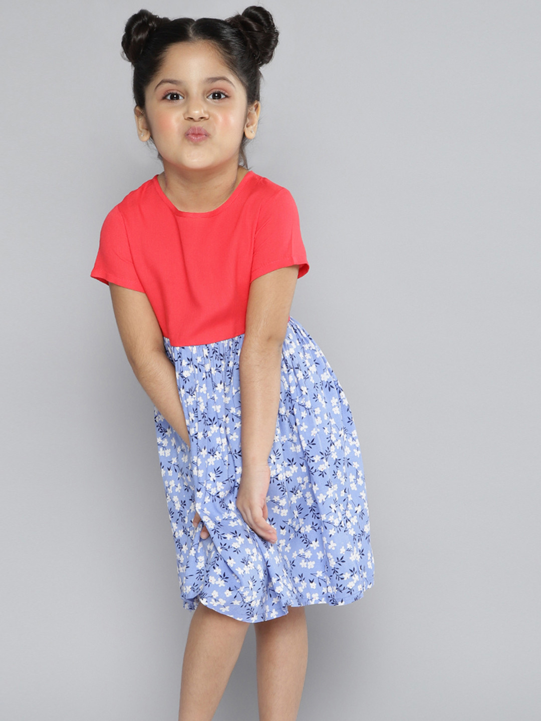 

YK Girls Brick Red & Blue Floral Printed Fit & Flare Dress