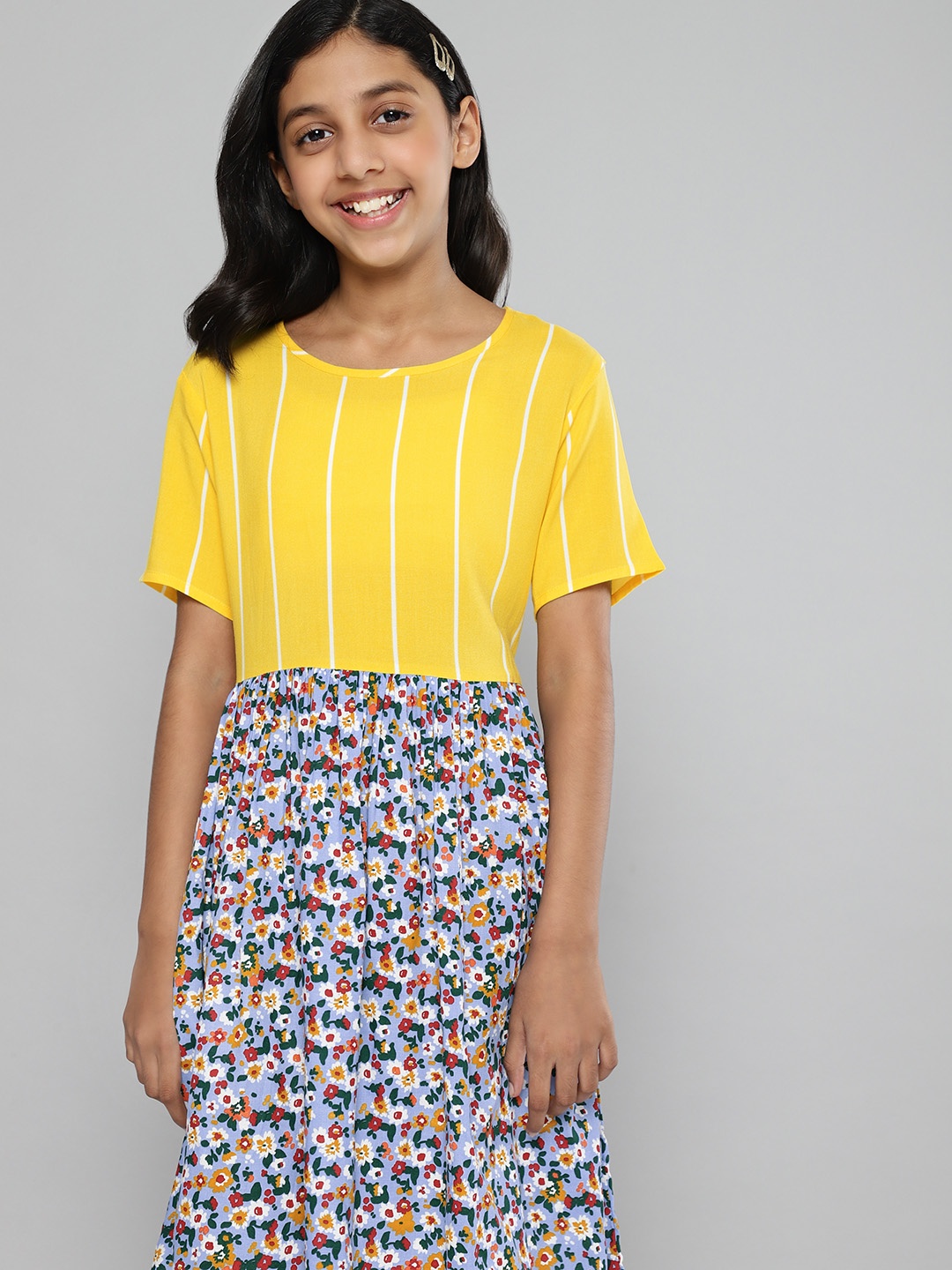 

YK Girls Yellow & Blue Floral Print Fit & Flare Dress