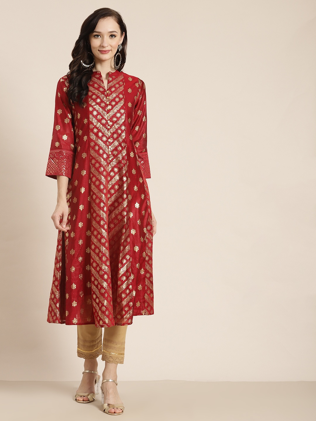 

Juniper Women Maroon & Gold-Toned Printed Chanderi Silk Chanderi Silk Anarkali Kurta