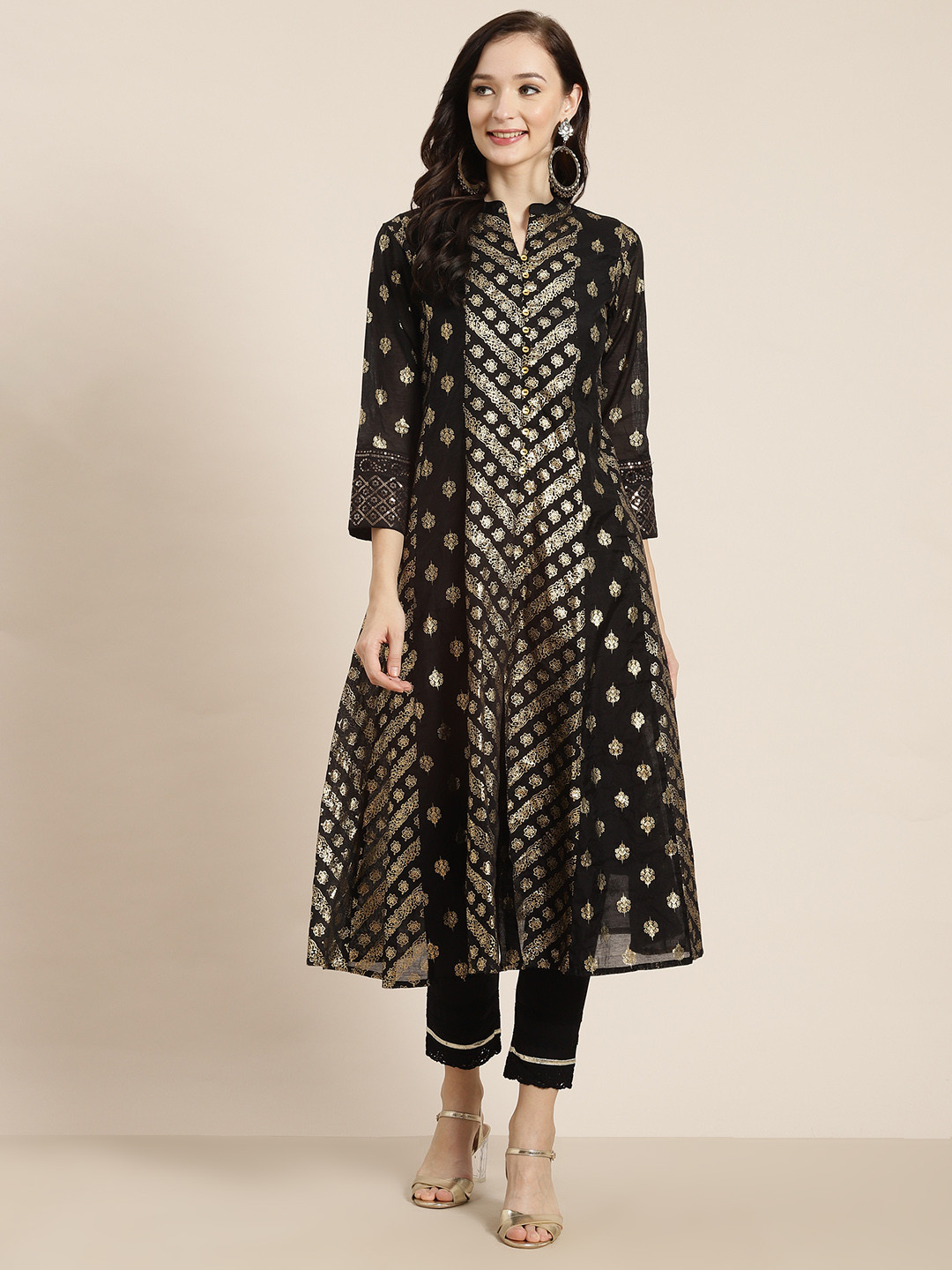 

Juniper Women Black & Gold-Toned Chanderi Silk Chanderi Silk Anarkali Kurta