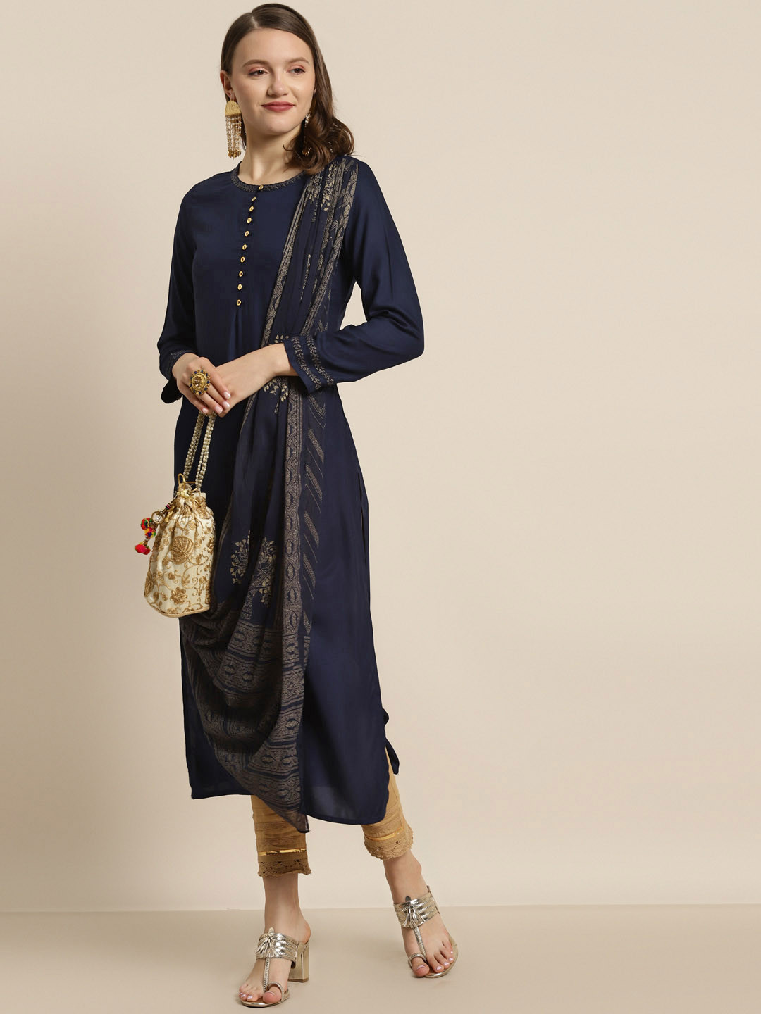 

Juniper Women Navy Blue & Golden Liva Ethnic Motifs Printed Kurta with Attached Dupatta