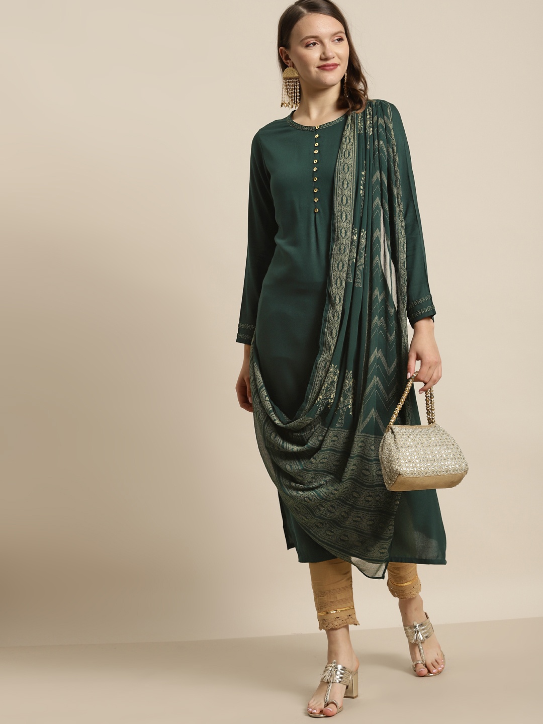 

Juniper Women Green & Golden Liva Ethnic Motifs Printed Kurta with Attached Dupatta