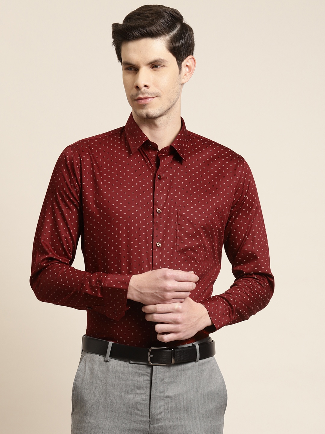 

Hancock Men Maroon Pure Cotton Slim Fit Printed Formal Shirt