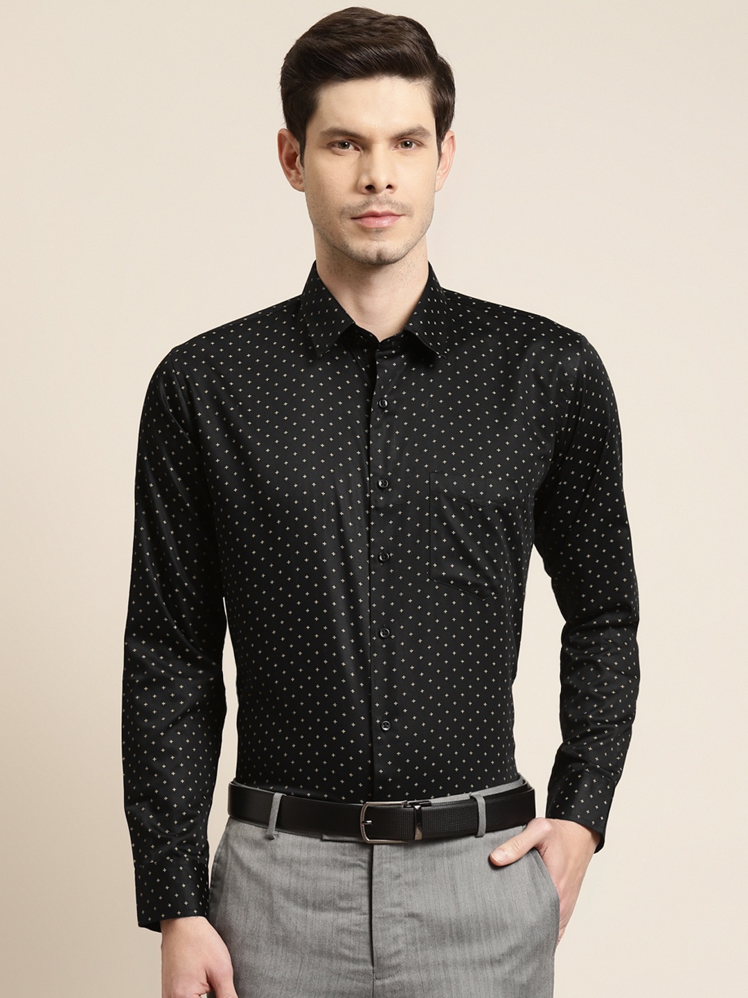 

Hancock Men Black Pure Cotton Slim Fit Printed Formal Shirt