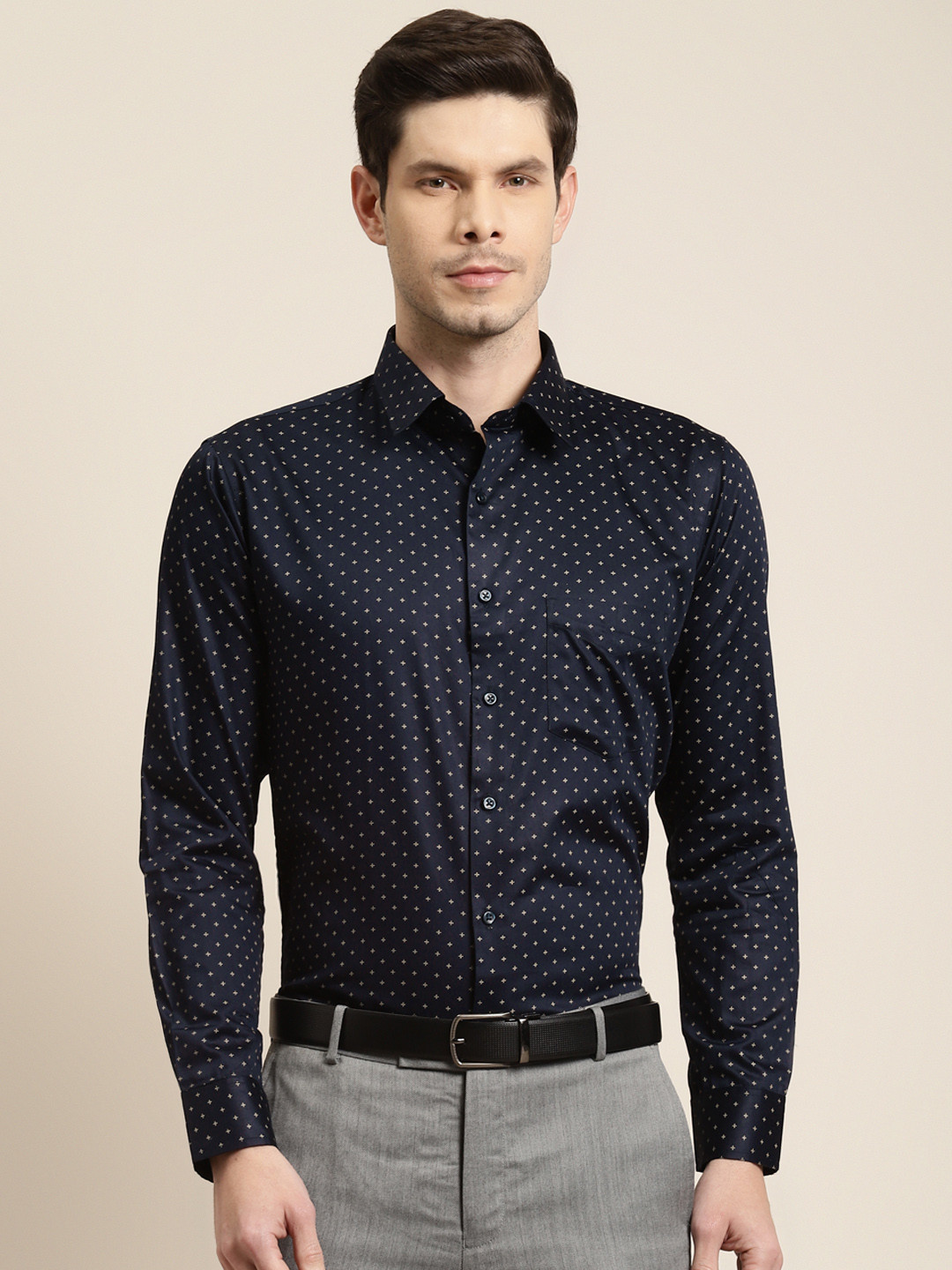 

Hancock Men Navy Blue Pure Cotton Slim Fit Printed Formal Shirt