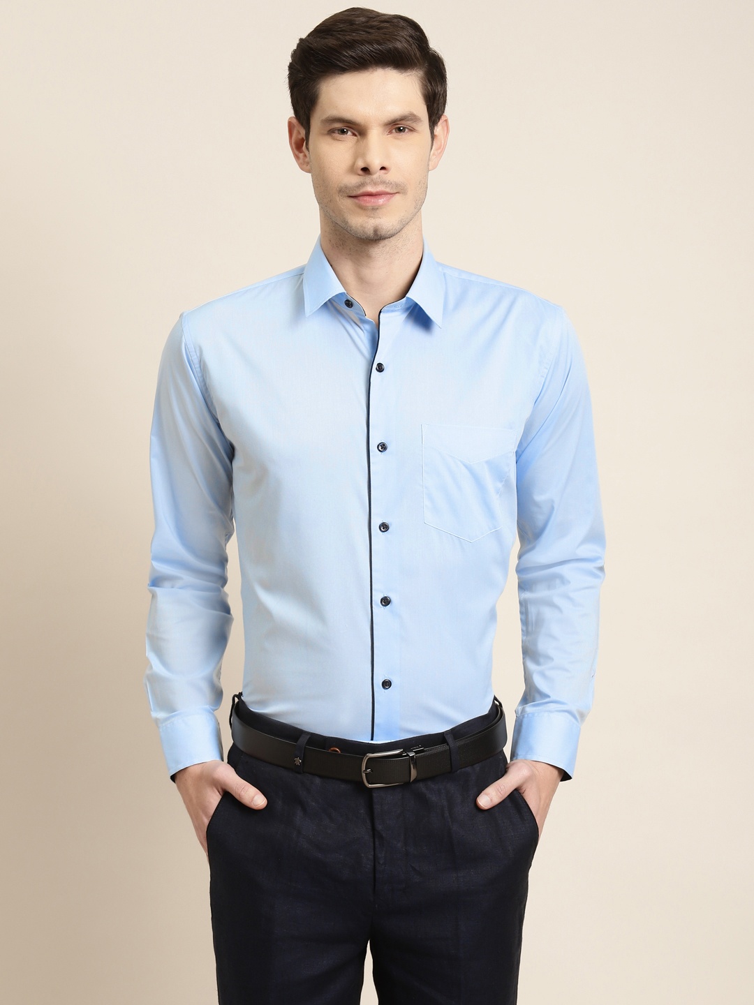 

Hancock Men Blue Pure Cotton Slim Fit Solid Formal Shirt
