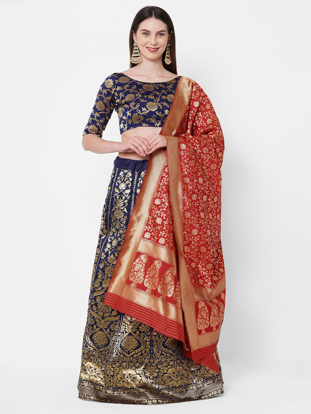 

RedRound Navy Blue & Red Thread Work Ready to Wear Lehenga & Unstitched Blouse With Dupatta