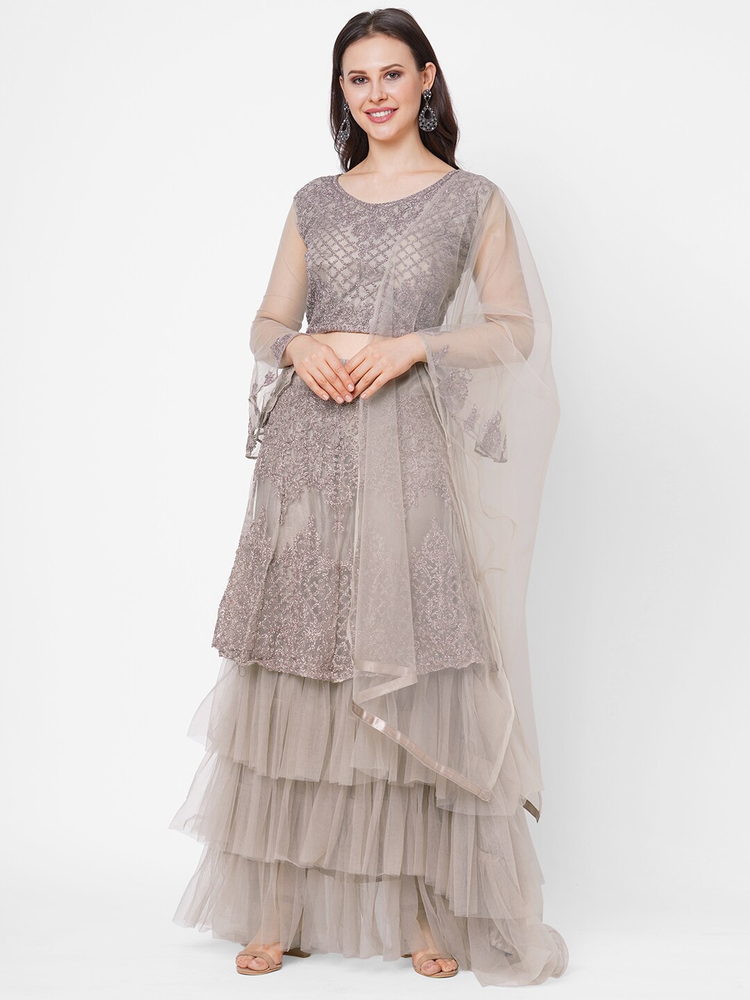 

RedRound Pink & Silver-Toned Embroidered Unstitched Lehenga & Blouse With Dupatta