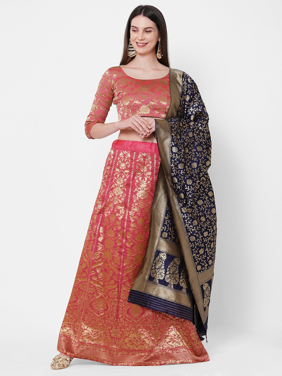 

RedRound Peach-Coloured & Navy Blue Unstitched Lehenga & Blouse With Dupatta