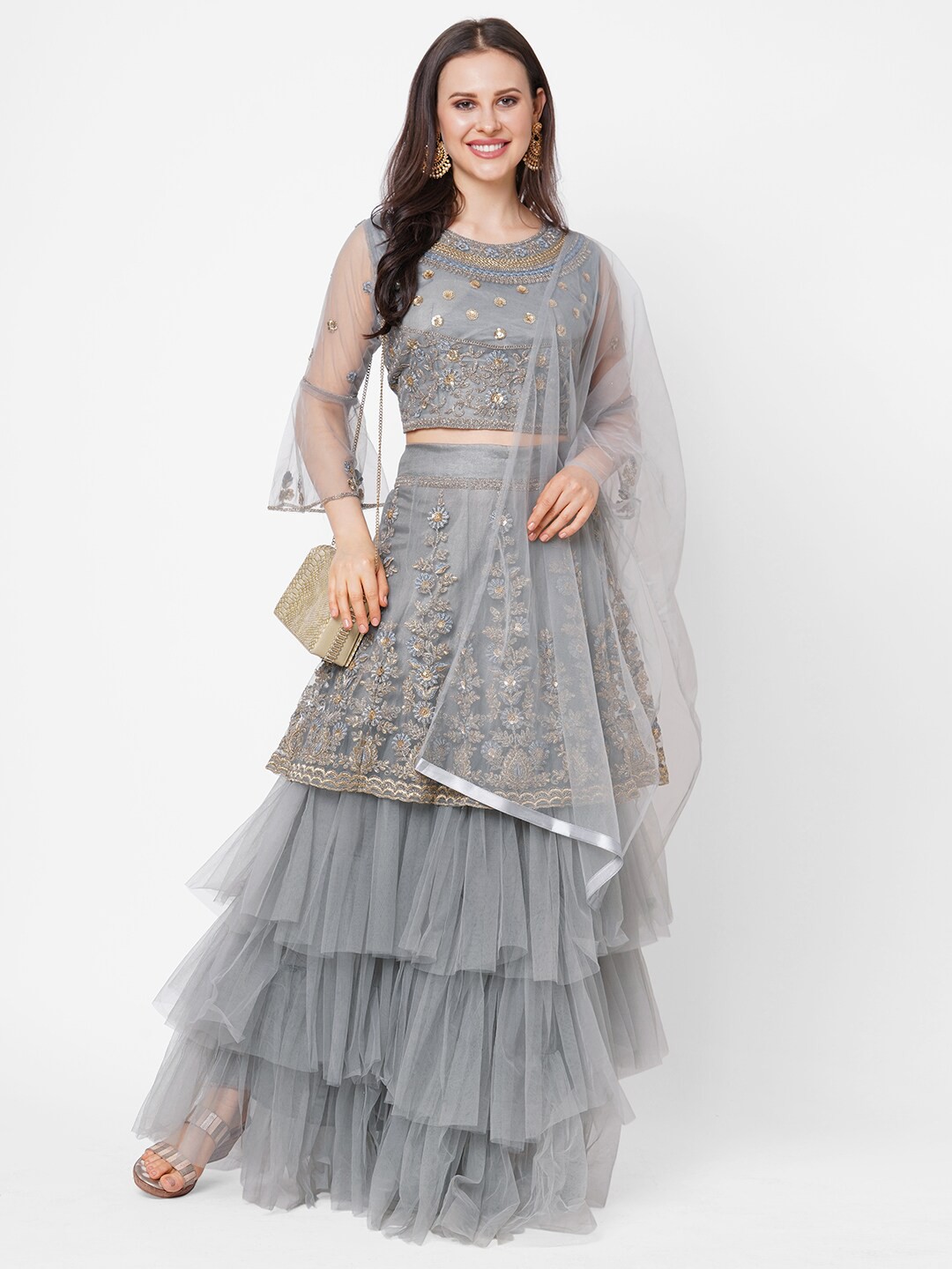 

RedRound Grey & Gold-Toned Embroidered Thread Work Ready to Wear Lehenga & Unstitched Blouse With Dupatta