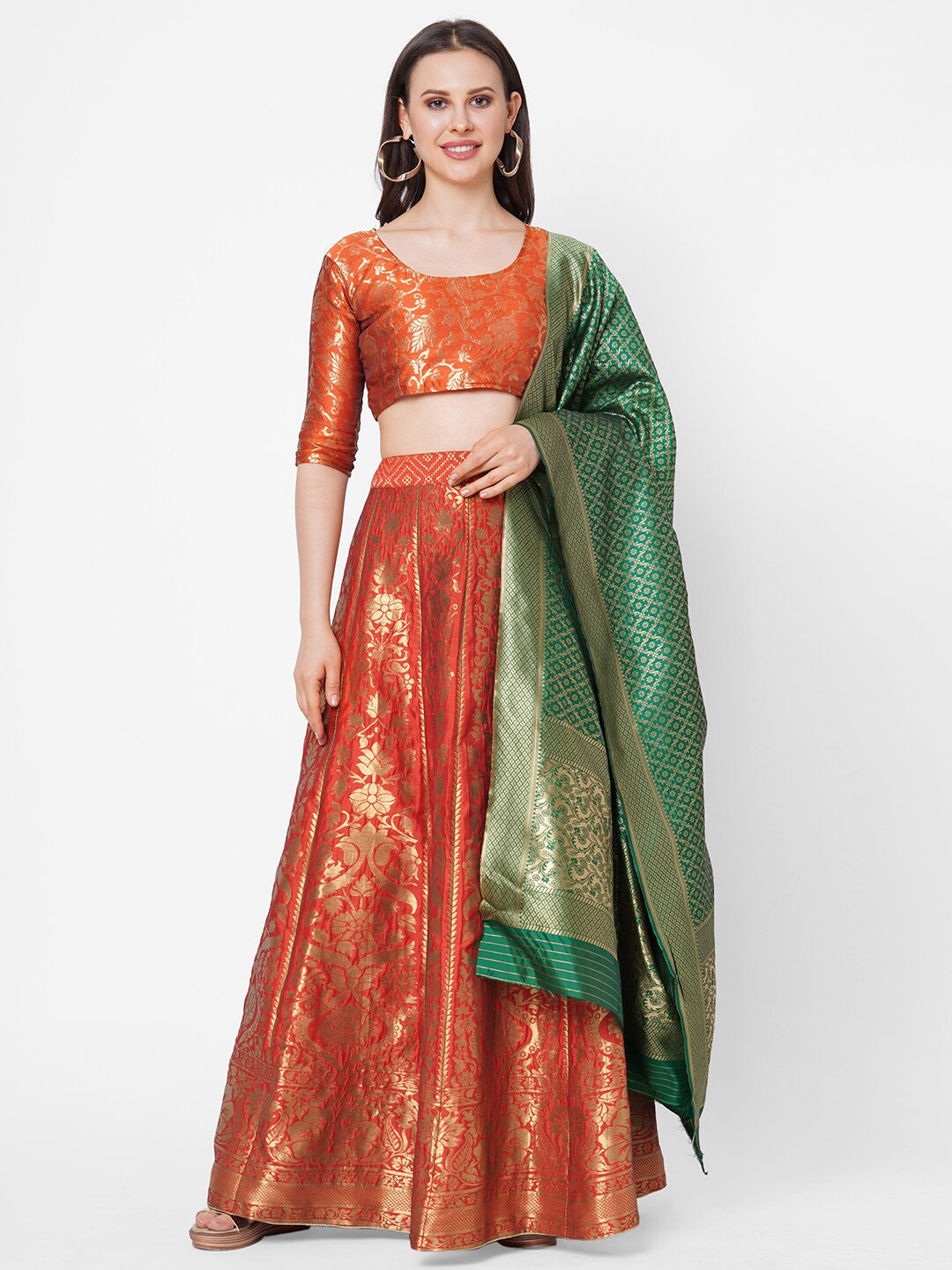 

RedRound Orange & Green Unstitched Lehenga & Blouse With Dupatta
