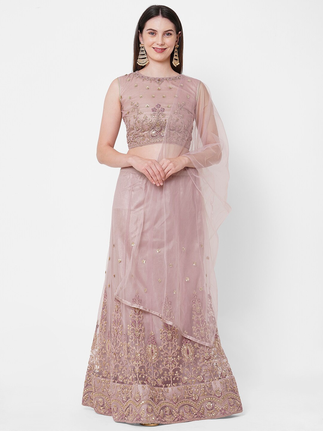 

RedRound Pink & Gold-Toned Embroidered Semi-Stitched Lehenga & Unstitched Blouse With Dupatta