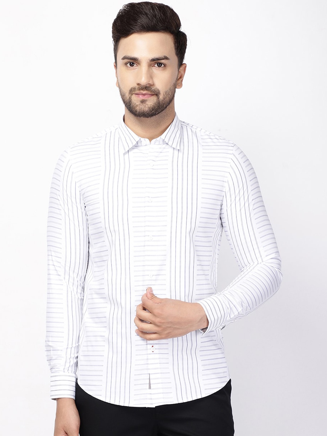 

Blackberrys Men White Pheonix Skinny Fit Multi Stripes Striped Casual Shirt