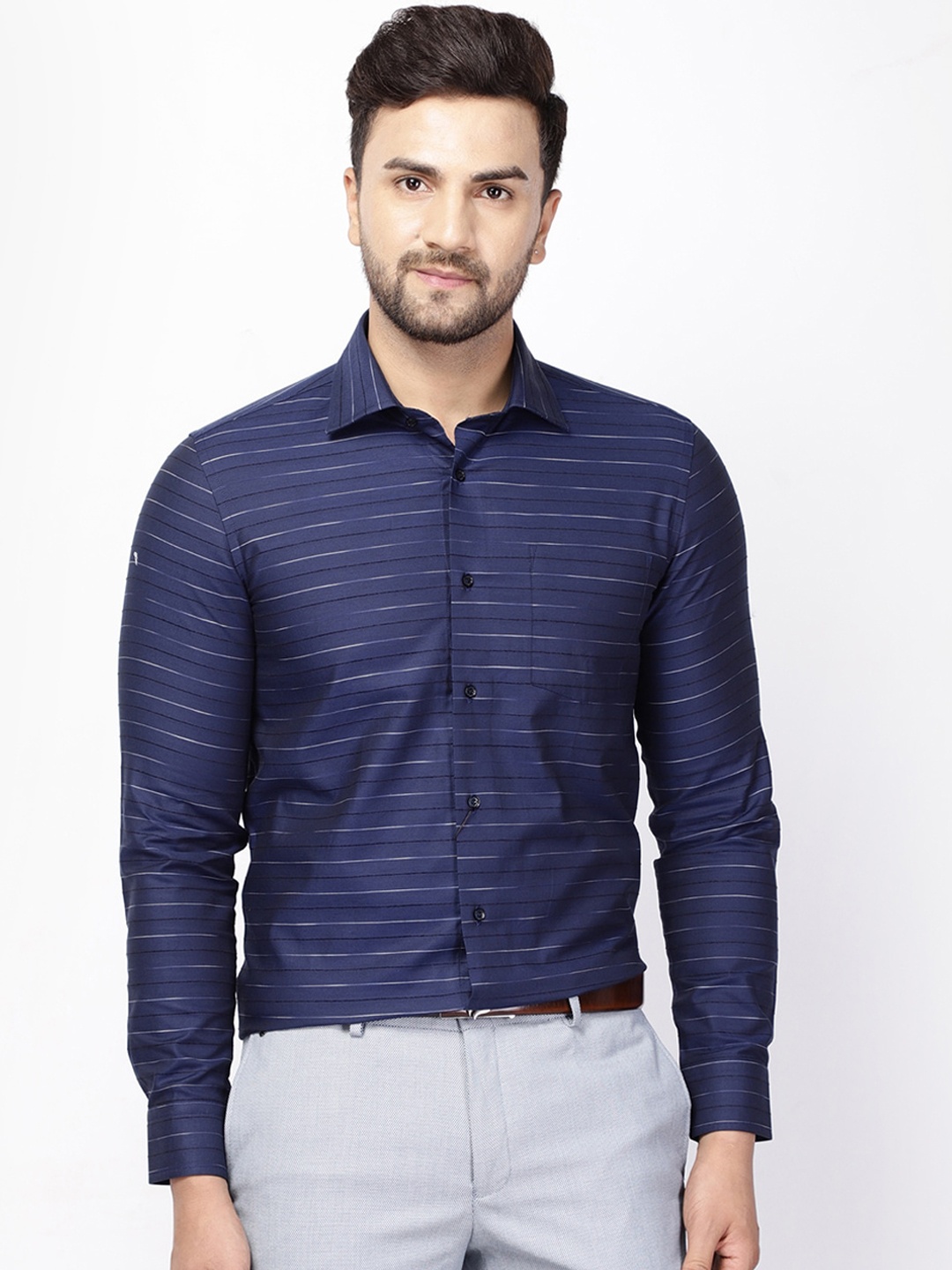 

Blackberrys Men Blue India Slim Fit Horizontal Striped Casual Shirt