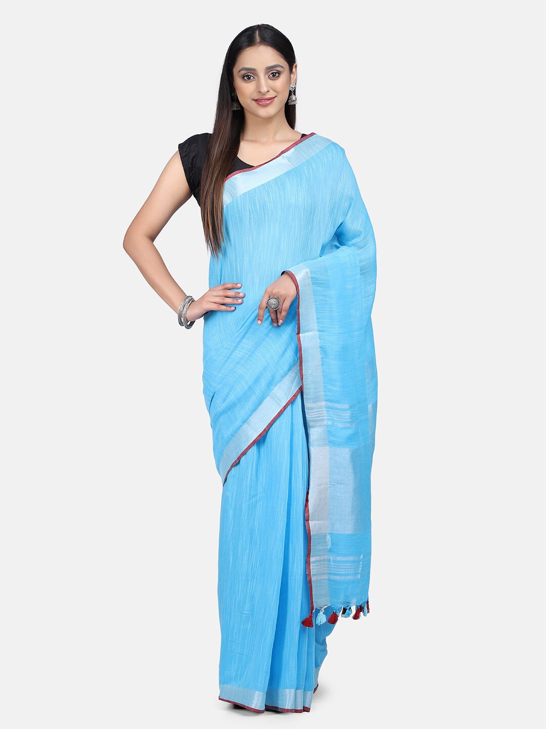 

Mirraw Blue & Silver-Toned Zari Pure Linen Saree