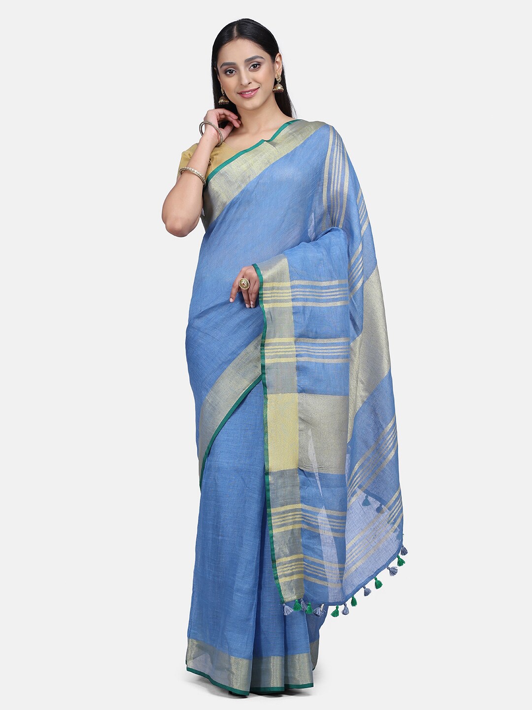 

Mirraw Blue & Gold-Toned Zari Linen Blend Saree