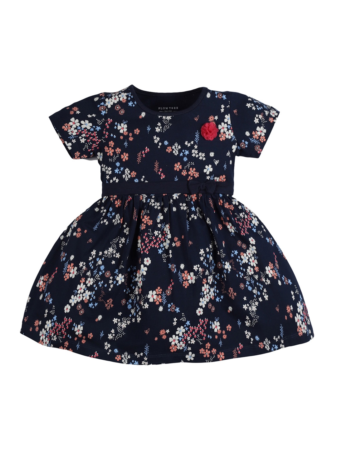 

PLUM TREE Kids-Girls Navy Blue Floral Printed Bow Dress
