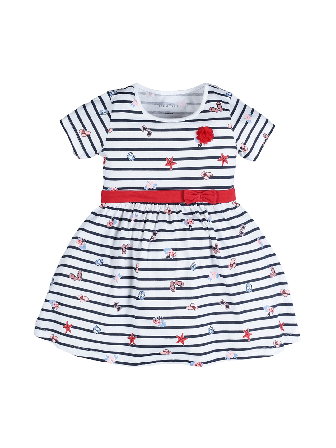 

PLUM TREE Kids-Girls White Striped Fit& Flare Bow Dress