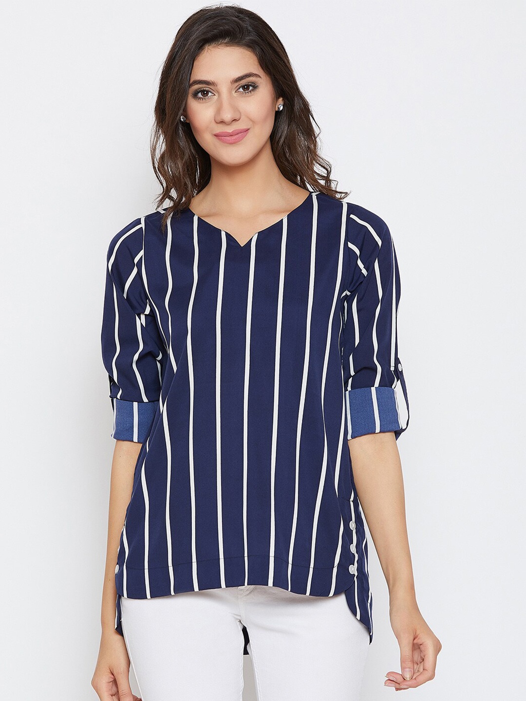 

Ruhaans Navy Blue Striped Crepe High-Low Top