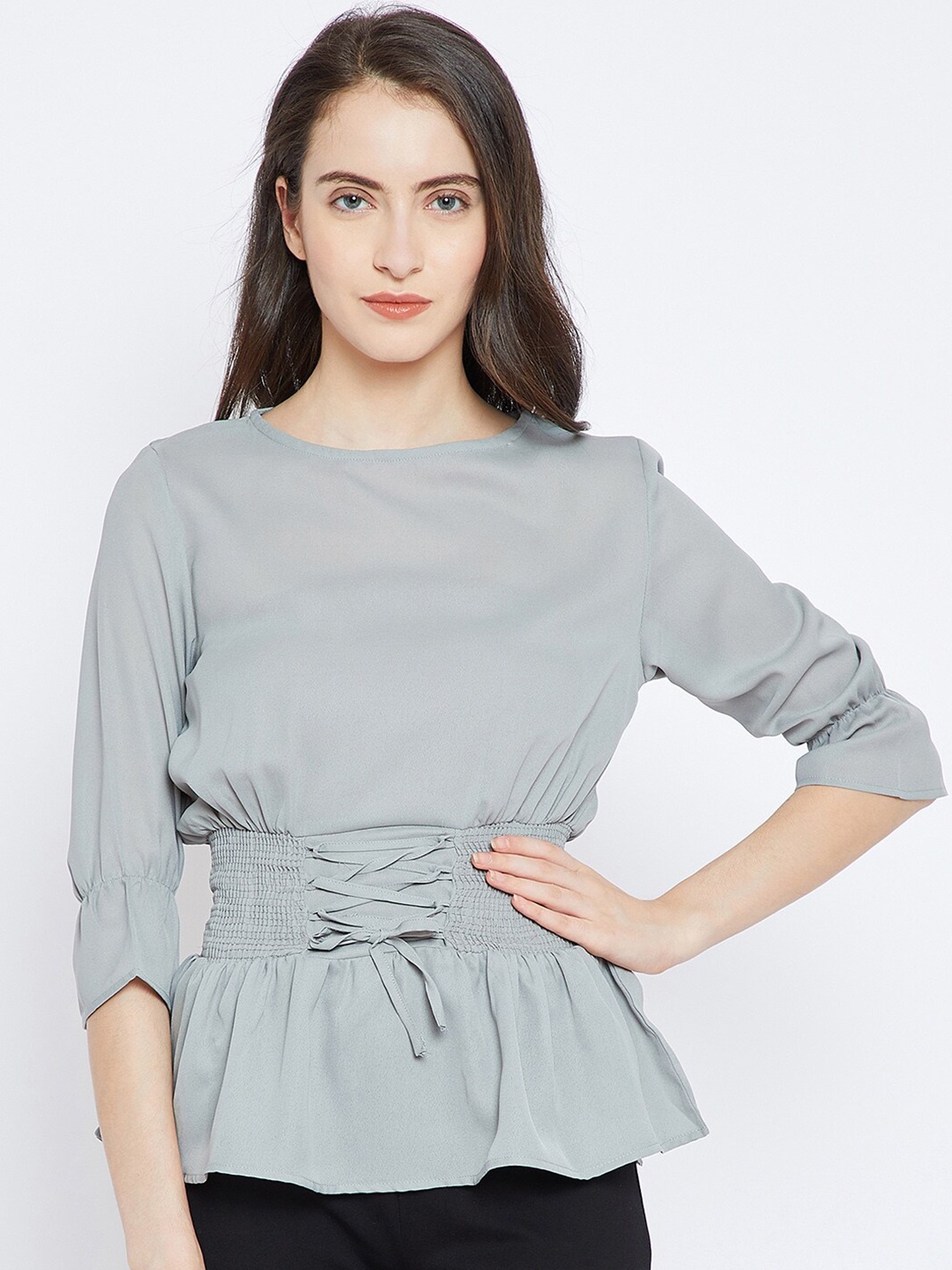 

Ruhaans Grey Georgette Cinched Waist Top