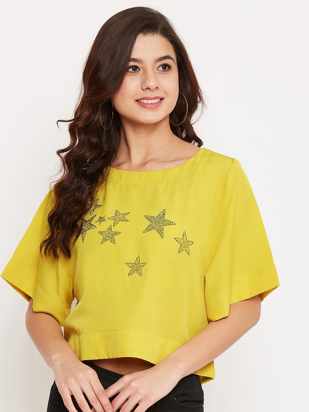 

Ruhaans Yellow Floral Embellished Flared Sleeve Crepe Regular Crop Top