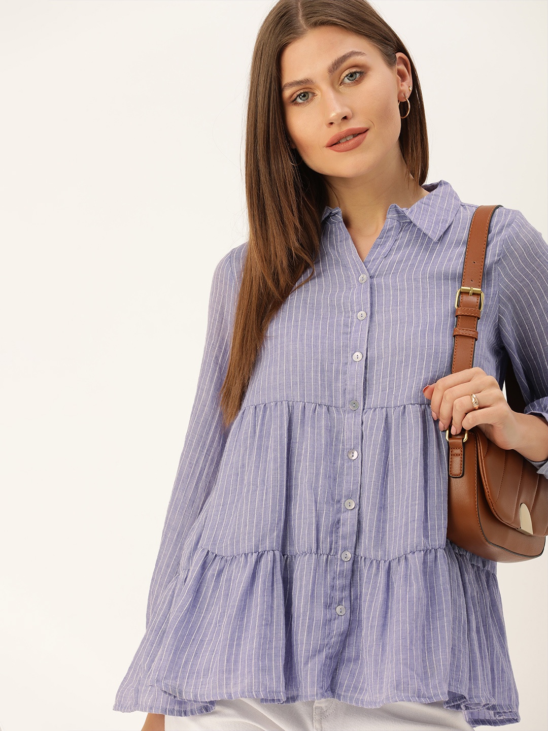 

AND Blue & White Vertical Stripes Shirt Collar Cuffed Sleeves Ruffles Shirt Style Top
