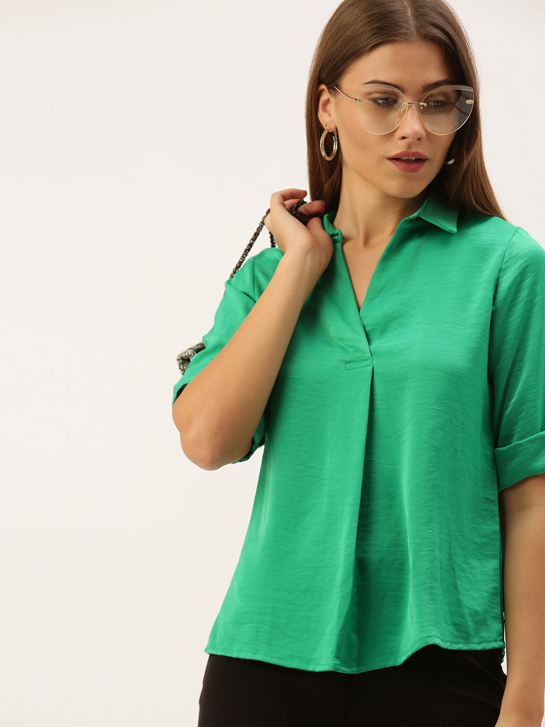 

AND Women Green Solid Shirt Collar Regular Top
