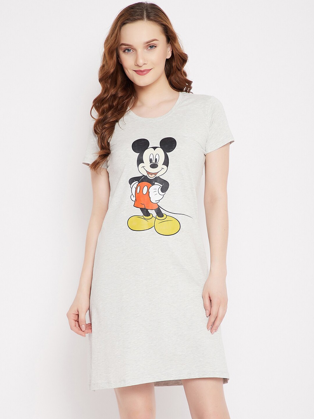

Disney by Wear Your Mind Women Grey & Yellow Mickey Mouse Family Printed Pure Cotton Sleep Shirt