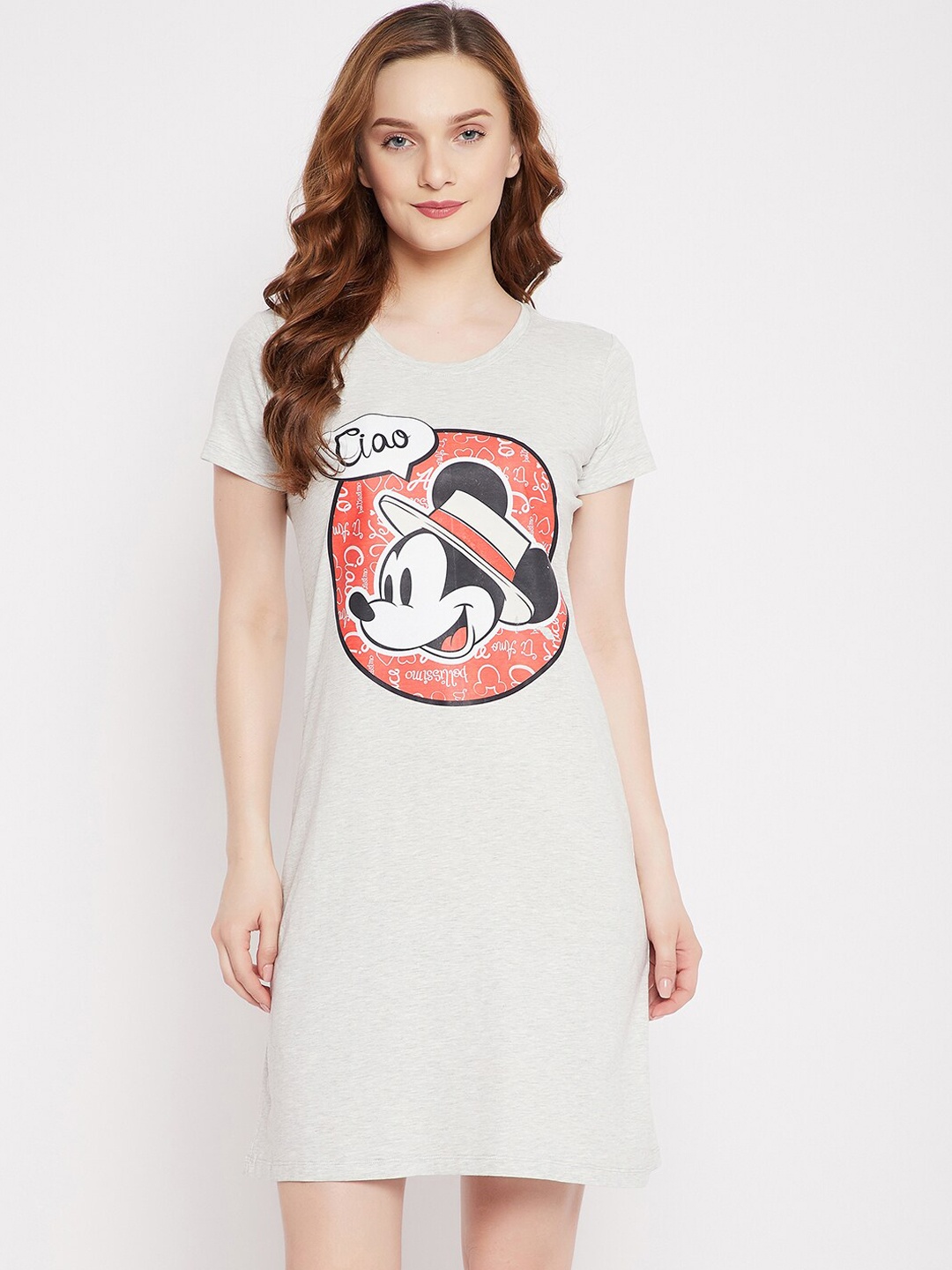 

Disney by Wear Your Mind Women Grey & Red Mickey Mouse Family Printed Pure Cotton Sleep Shirt