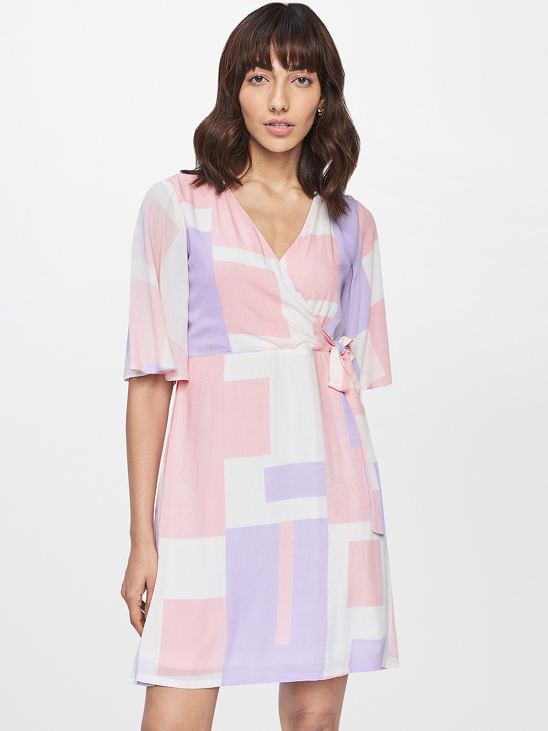 

AND Women Pink & White Printed Wrap Dress