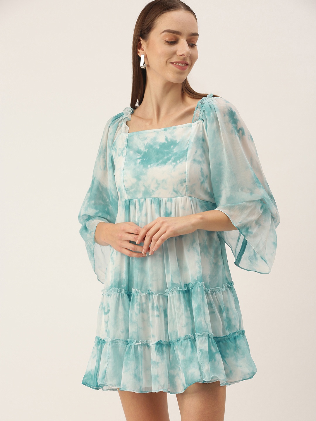 

AND Women Teal Green & Off White Dyed Fit and Flare Dress