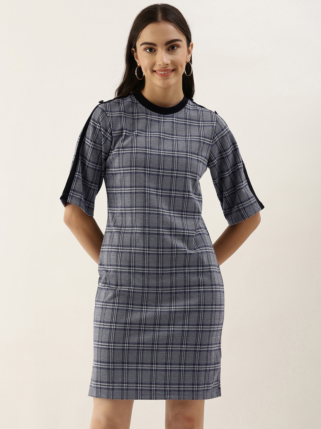 

AND Women Blue & Grey Checked Sheath Dress