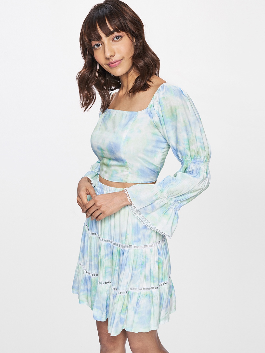 

AND Women Blue & White Colourblocked Top With Skirt