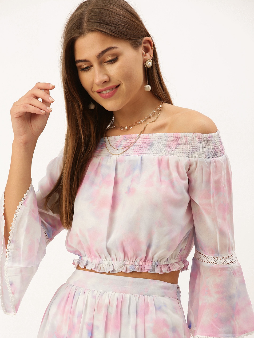 

AND Women White & Pink Dyed Top with Skirt
