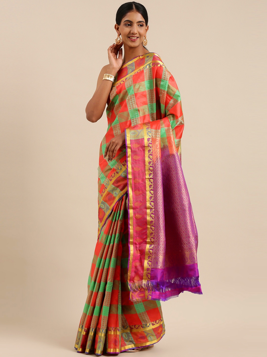 

The Chennai Silks Orange & Green Pure Silk Kanjeevaram Saree