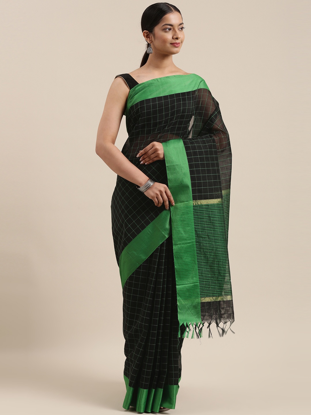 

The Chennai Silks Black Checked Silk Cotton Maheshwari Saree