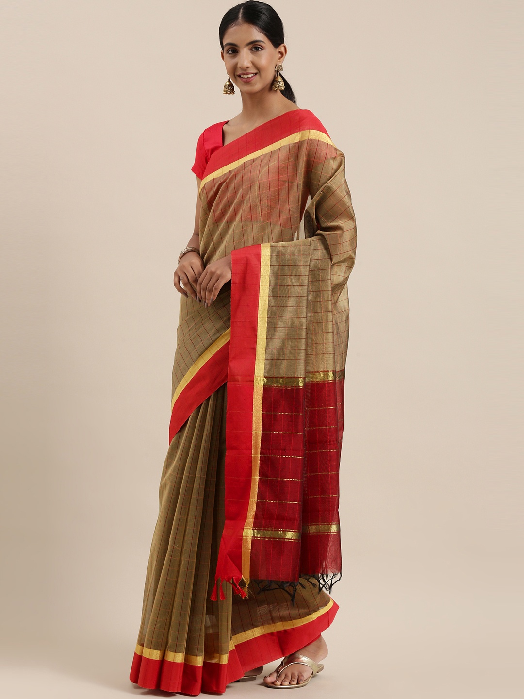 

The Chennai Silks Classicate Brown & Maroon Checked Zari Silk Cotton Maheshwari Saree