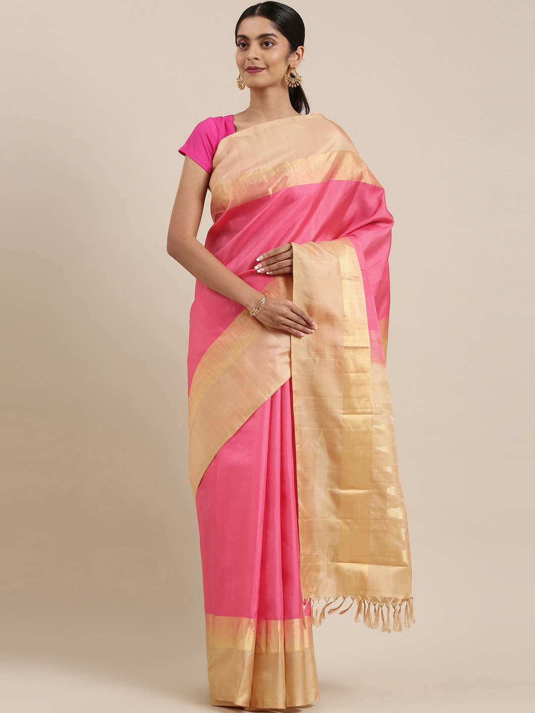 

The Chennai Silks Classicate Pink Solid Zari Pure Silk Kanjeevaram Saree