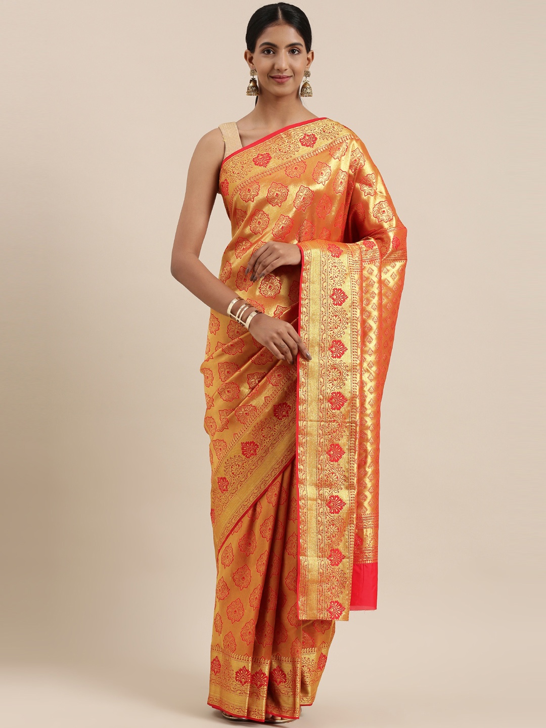 

The Chennai Silks Red & Gold-Toned Ethnic Motifs Zari Art Silk Saree