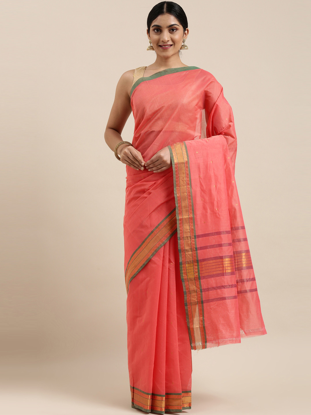 

The Chennai Silks Classicate Coral Pink & Gold-Toned Zari Pure Cotton Venkatgiri Saree
