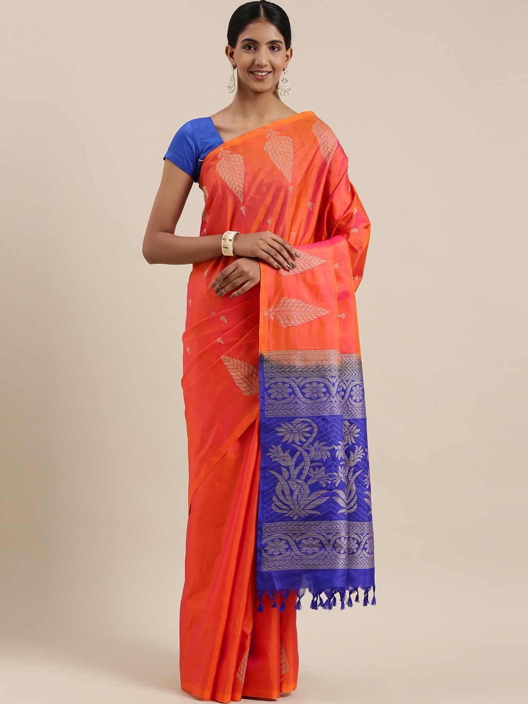 

The Chennai Silks Orange & Beige Ethnic Motifs Pure Silk Kanjeevaram Saree